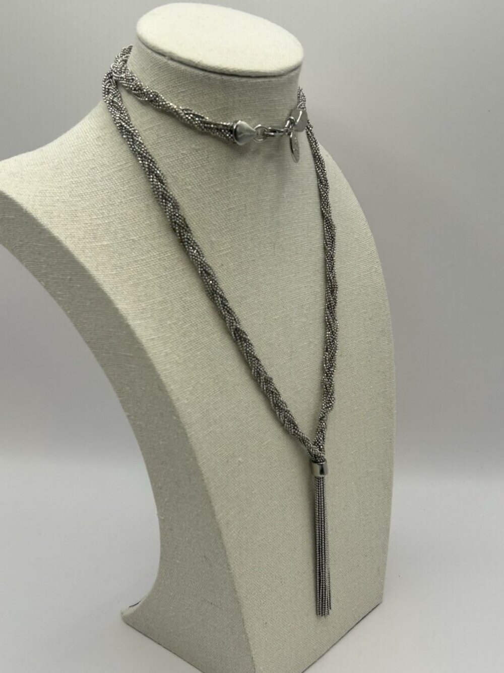 Ann Taylor Tassel Necklace LONG Silver Tone Braided Chain Signed Jewelry Gift - Picture 8 of 9
